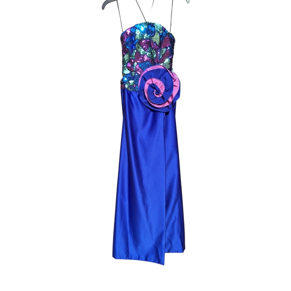 Vintage Satin Sequin Gown Strapless Glam Mosaic Formal 80s 90s Prom Pageant XS